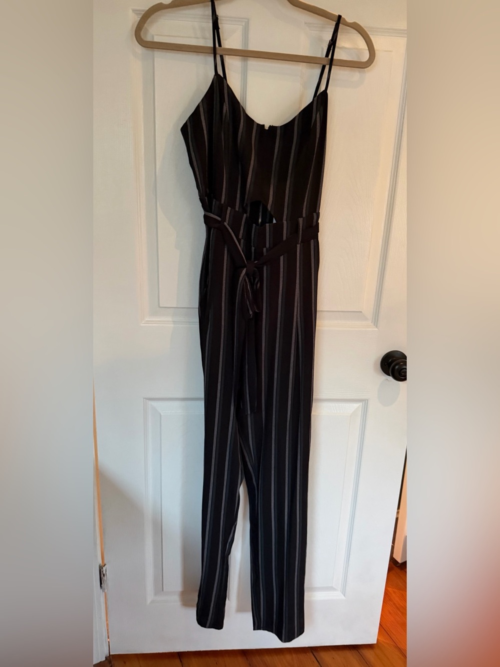 Nordstrom Black Pinstripe Waist-Tie Jumpsuit